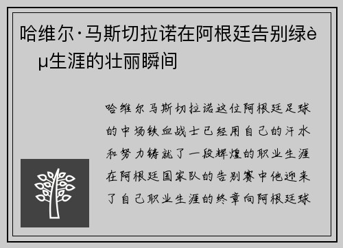 哈维尔·马斯切拉诺在阿根廷告别绿茵生涯的壮丽瞬间 哈维尔·马斯切拉诺在阿根廷告别绿茵生涯的壮丽瞬间