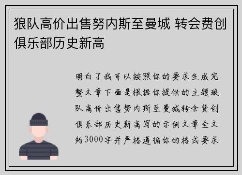 狼队高价出售努内斯至曼城 转会费创俱乐部历史新高