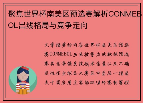 聚焦世界杯南美区预选赛解析CONMEBOL出线格局与竞争走向