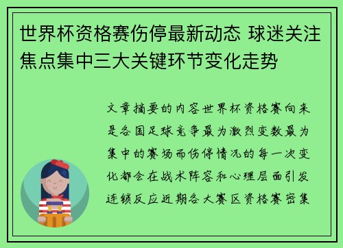 世界杯资格赛伤停最新动态 球迷关注焦点集中三大关键环节变化走势