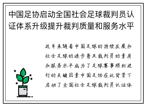 中国足协启动全国社会足球裁判员认证体系升级提升裁判质量和服务水平